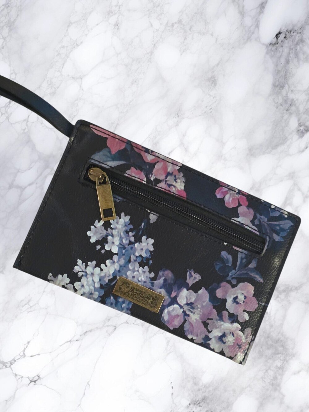 Carlos Santana Black Floral Wristlet Clutch Pink Blue Flowers Zip Pocket